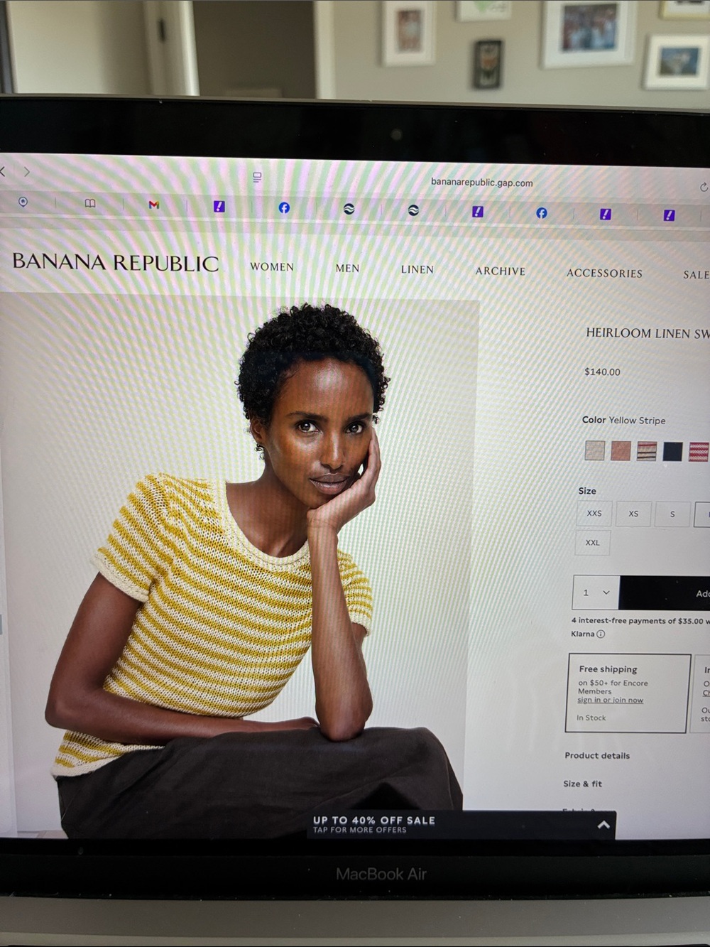 Banana Republic Yellow & White Striped Linen-Blend Short Sleeve Top